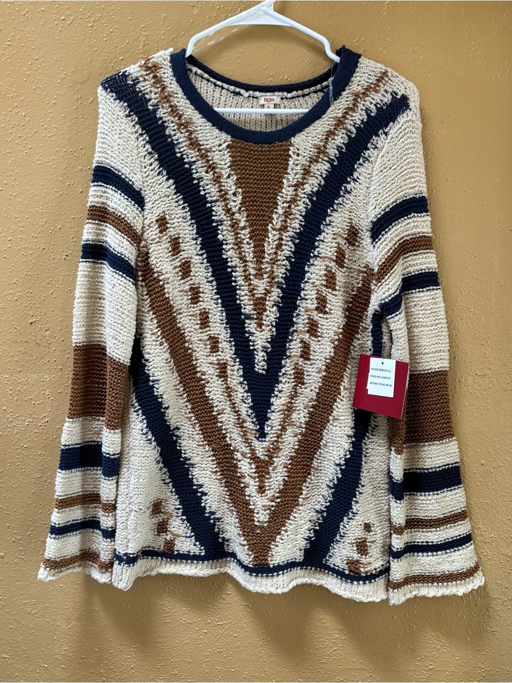 Reba Southwestern V-Pattern Chevron Knit bell Long Sleeve Sweater